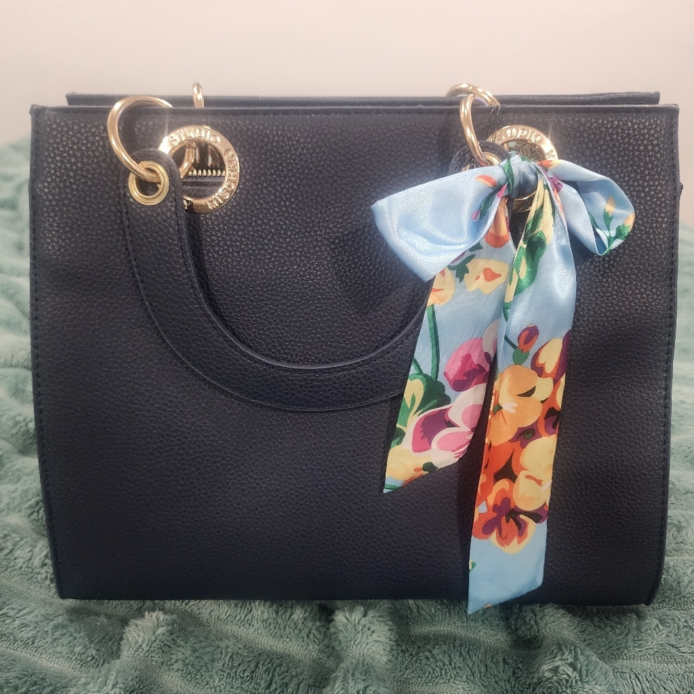 Chic Navy Satchel Purse with Floral Scarf